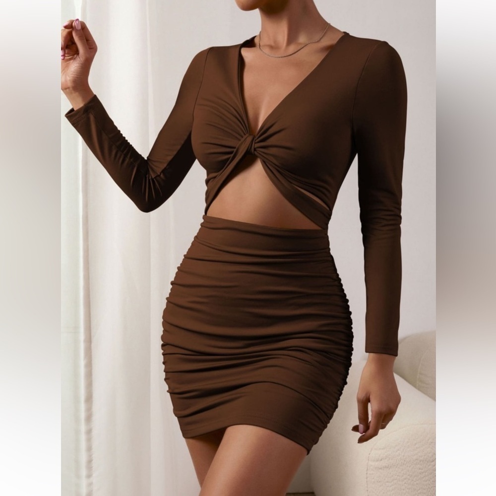Shein twist front cutout bodycon brown dress size small.